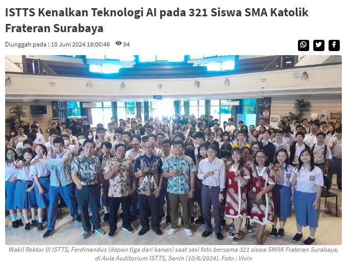 ISTTS Kenalkan Teknologi AI pada 321 Siswa SMA Katolik Frateran Surabaya